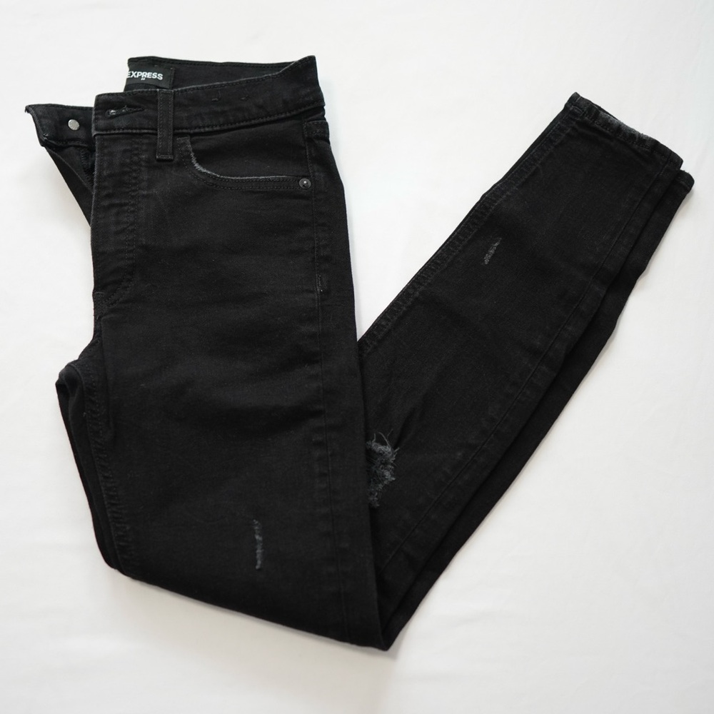 Express Women’s Black Ripped Skinny Mid Rise Jeans